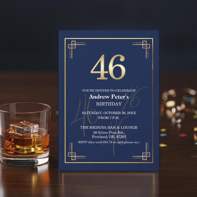 Convites Elegant Blue Gold 46th Birthday Party (Criador carregado)