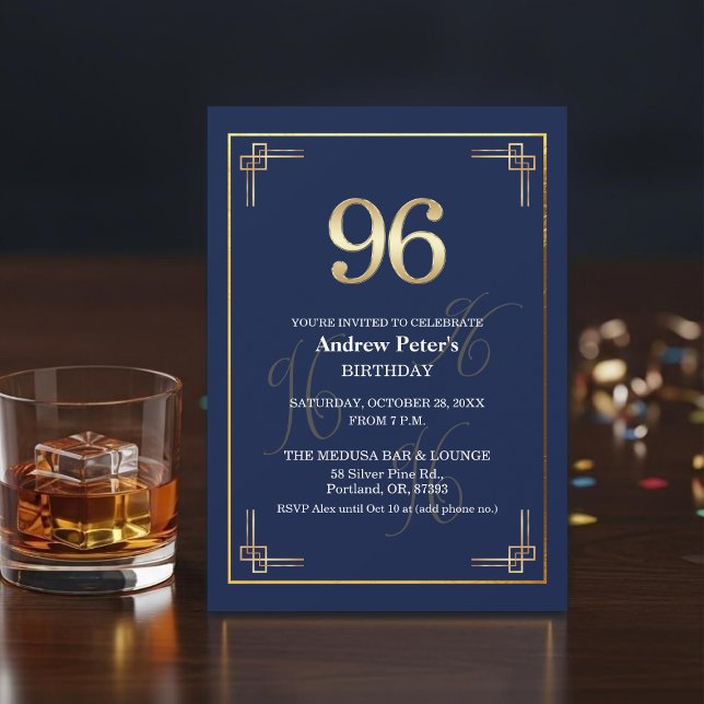 Convites Elegant Blue Gold 96th Birthday Party (Criador carregado)
