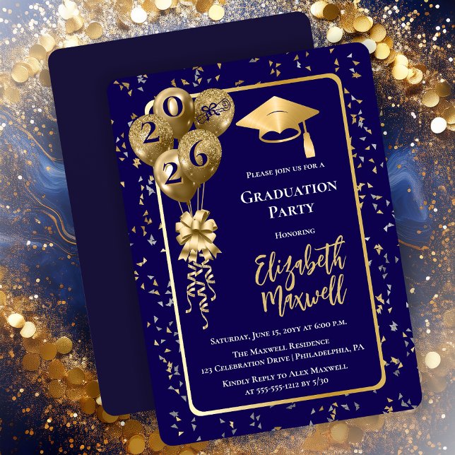 Convites Elegant Blue Gold Balloons Graduation Party (Elegant Blue and Gold Tone Graduation Party Invitation Balloons and Confetti - Print | Digital)