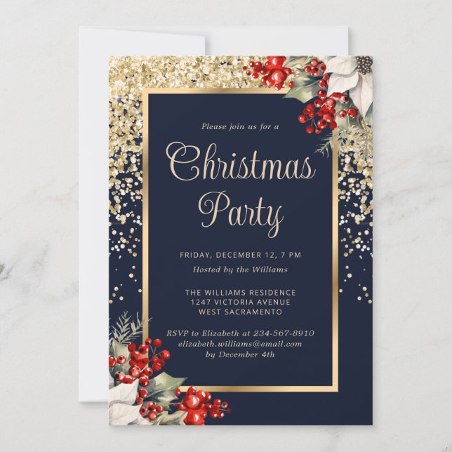 Convites Elegant Blue Gold Botanical Christmas Party (Frente)