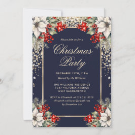 Convites Elegant Blue Gold Botanical Christmas Party