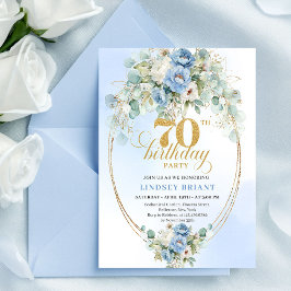 Convites Elegant Blue Gold Floral 70th Birthday Invitation