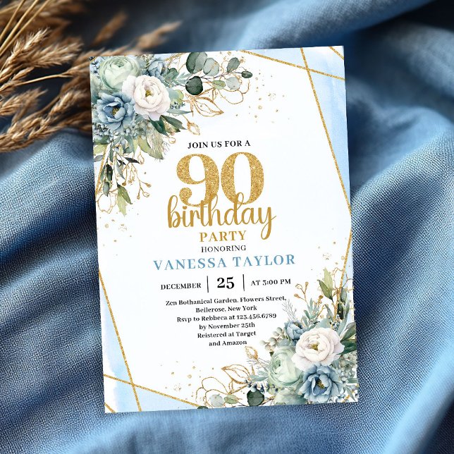Convites Elegant Blue Gold Floral 90th Birthday Party Card (Elegant Blue Gold Floral 90th Birthday Party Card)