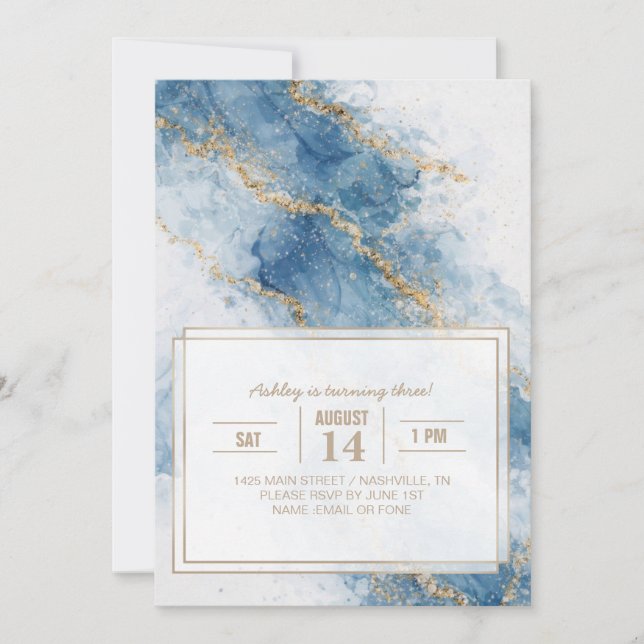 Convites Elegant Blue Gold Glitter Abstract Flow            (Frente)