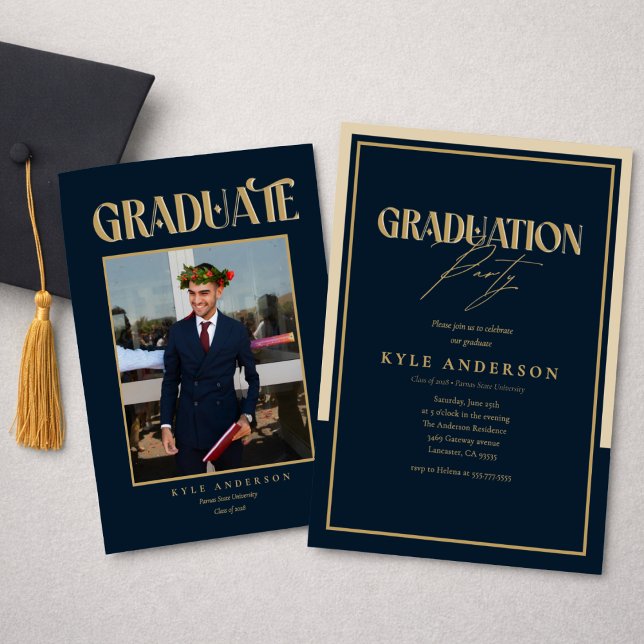 Convites Elegant Blue Gold Graduation Party Photo   (Criador carregado)