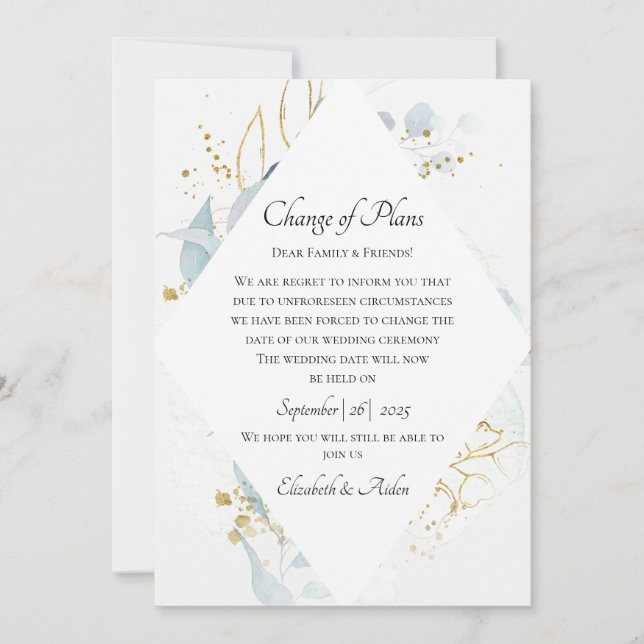 Convites Elegant Blue Gold( Imitat) Watercolour Wedding (Frente)