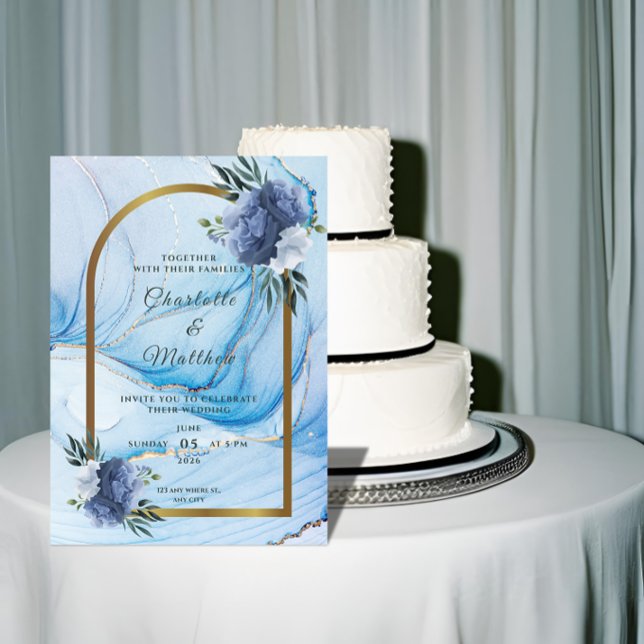 Convites Elegant Blue & Gold Wedding Invitation  (Criador carregado)