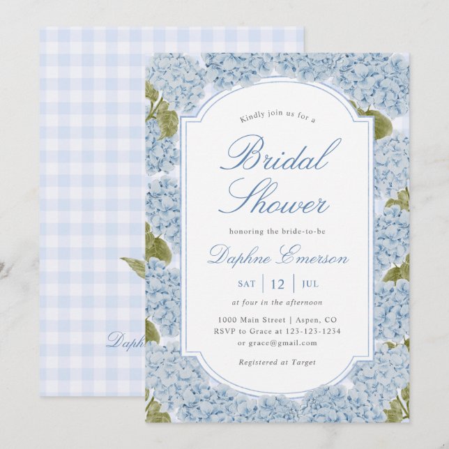 Convites Elegant Blue Hydrangea Bridal Shower (Frente/Verso)