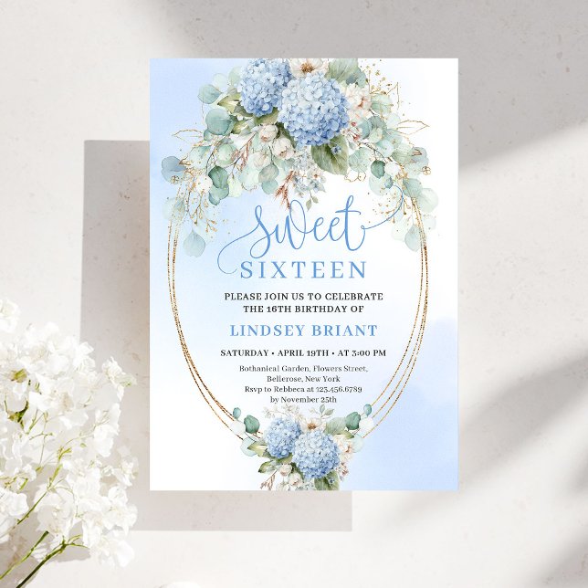 Convites Elegant Blue Hydrangea Eucalyptus Sweet Sixteen  (Elegant Blue Hydrangea Eucalyptus Sweet Sixteen Invite)