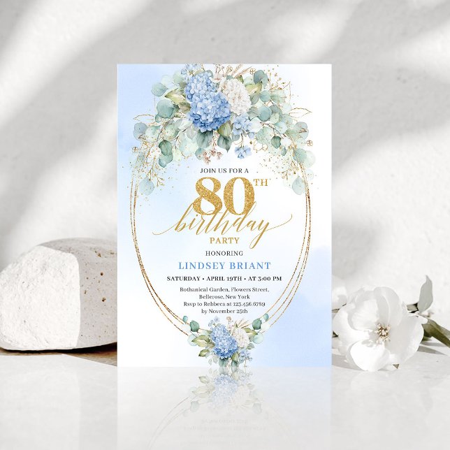 Convites Elegant Blue Hydrangea Floral 80th Birthday Invite (Elegant Blue Hydrangea Floral 80th Birthday Invite)