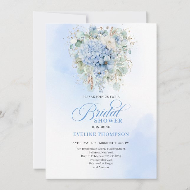 Convites Elegant Blue Hydrangea Gold Bridal Shower Invite (Frente)