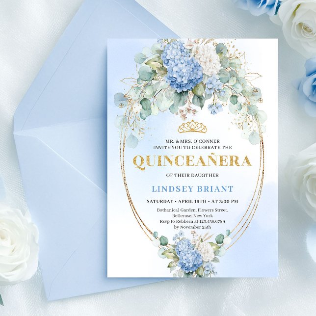 Convites Elegant Blue Hydrangea Gold Quinceañera Invitation (Elegant Blue Hydrangea Gold Quinceañera Invitation)