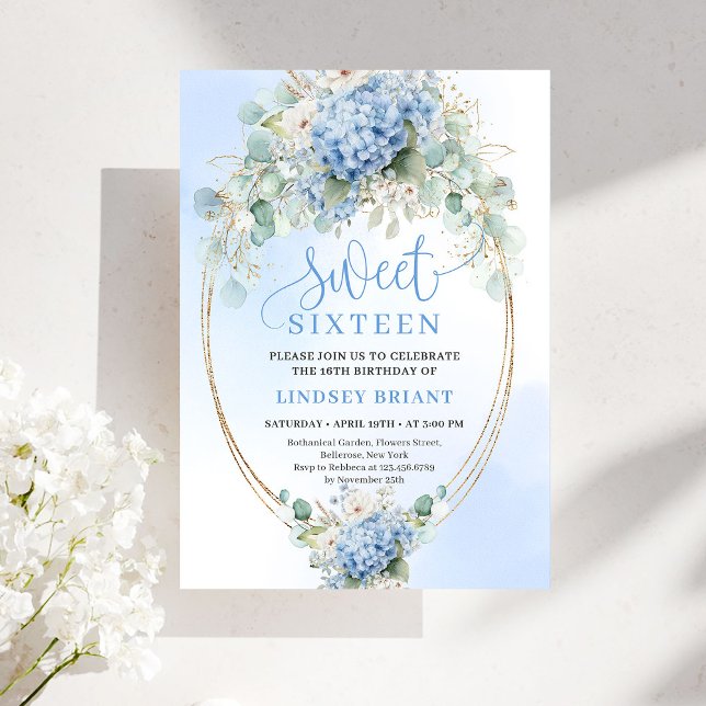 Convites Elegant Blue Hydrangea Gold Script 16th Birthday (Elegant Blue Hydrangea Gold Script 16th Birthday Invitation)