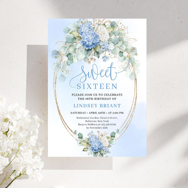 Convites Elegant Blue Hydrangea Gold Sweet Sixteen Invite (Elegant Blue Hydrangea Gold Sweet Sixteen Invite)