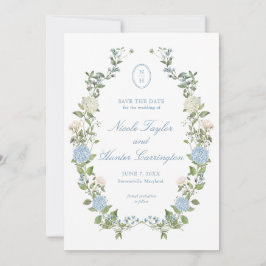Convites Elegant Blue Hydrangea Monogram Save the Date
