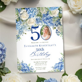 Convites Elegant Blue Hydrangea Roses Photo Birthday Party