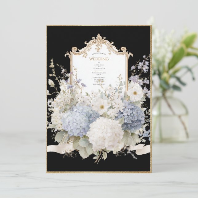 Convites Elegant Blue Hydrangeas Black Vintage Wedding (Em pé/Frente)