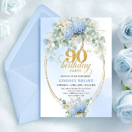 Convites Elegant Blue Hydrangeas Gold 90th Birthday Invites