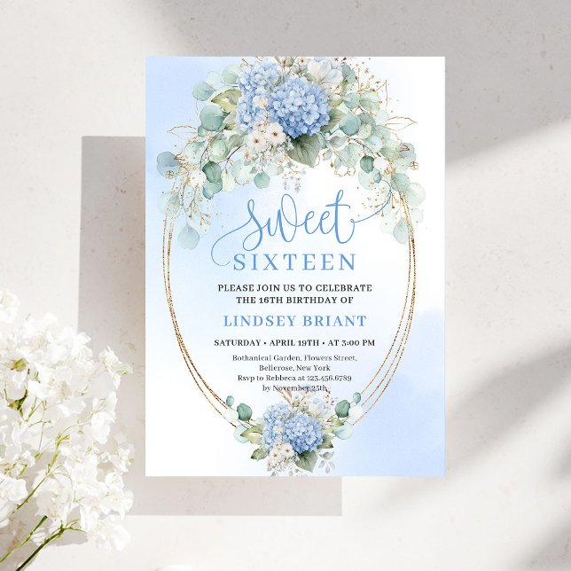 Convites Elegant Blue Hydrangeas Gold Sweet Sixteen Invite (Elegant Blue Hydrangeas Gold Sweet Sixteen Invite)