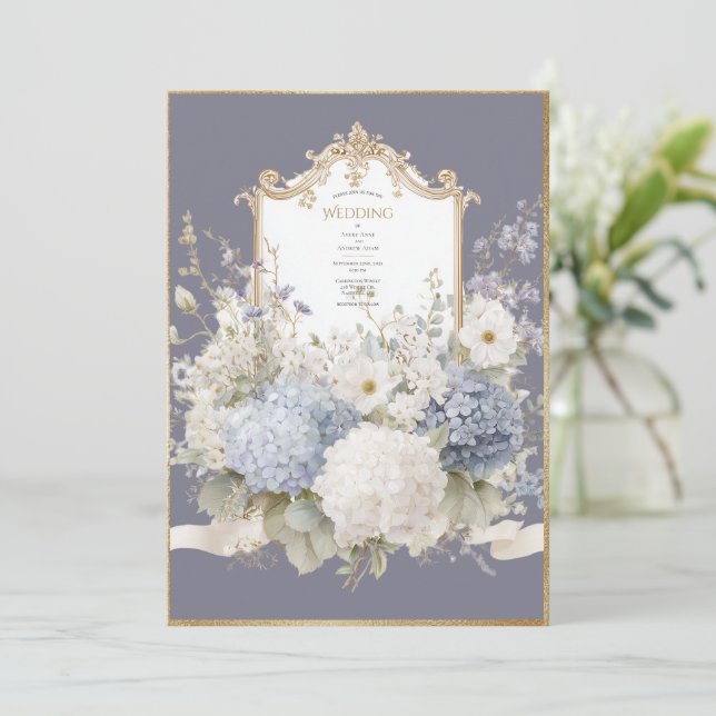 Convites Elegant Blue Hydrangeas Purple Vintage Wedding (Em pé/Frente)