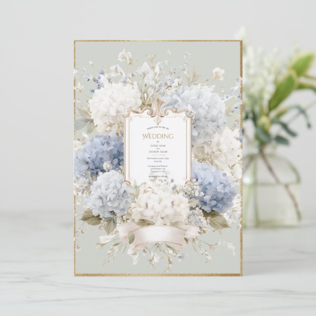 Convites Elegant Blue Hydrangeas Sage Vintage Wedding (Em pé/Frente)