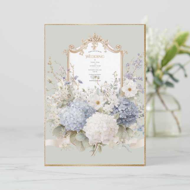 Convites Elegant Blue Hydrangeas Sage Vintage Wedding (Em pé/Frente)