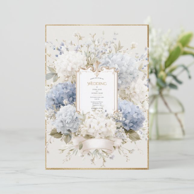Convites Elegant Blue Hydrangeas Vintage Wedding (Em pé/Frente)