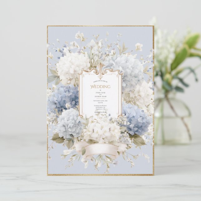 Convites Elegant Blue Hydrangeas Vintage Wedding (Em pé/Frente)