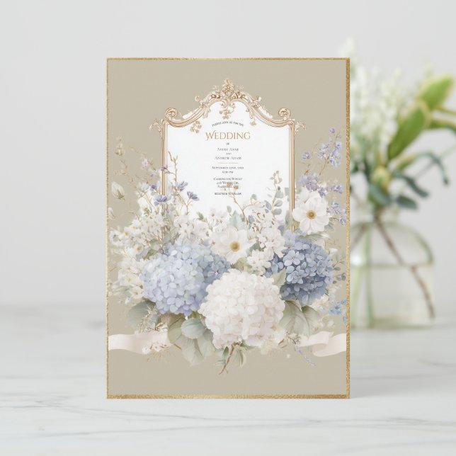 Convites Elegant Blue Hydrangeas Vintage Wedding (Em pé/Frente)