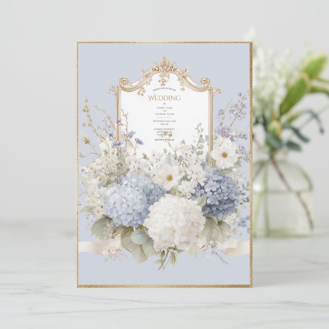 Convites Elegant Blue Hydrangeas Vintage Wedding (Em pé/Frente)