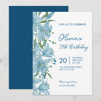 Convites Elegant Blue Lily 27th Birthday Party Invitation