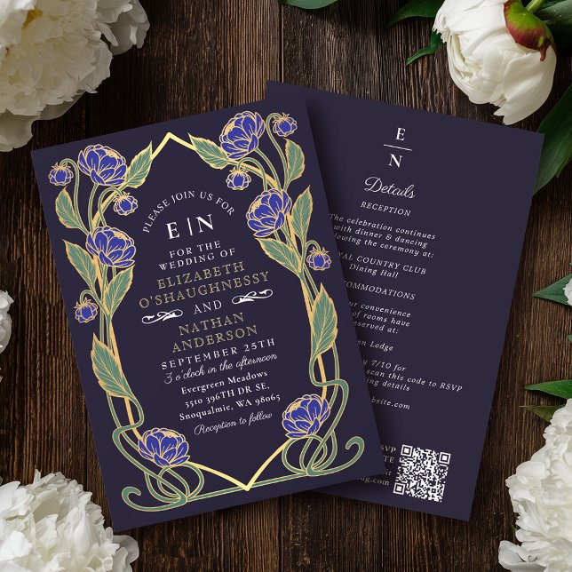 Convites Elegant Blue Peony Art Nouveau QR Code Wedding (Criador carregado)
