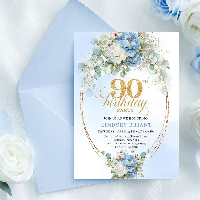 Convites Elegant Blue Peony Gold 90th Birthday Invitation (Elegant Blue Peonies 90th Birthday Invitation Gold)