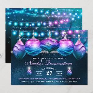 Convites Elegant Blue & Purple Mermaid Brincos Quinceanera