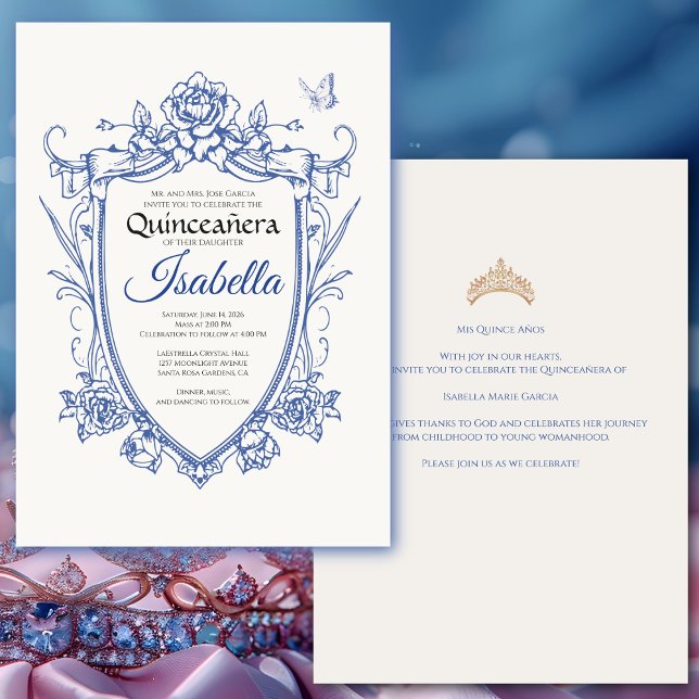 Convites Elegant Blue Quinceanera 15th Birthday (Elegant quinceañera invitation for a 15th birthday celebration. Customize for your own event. )