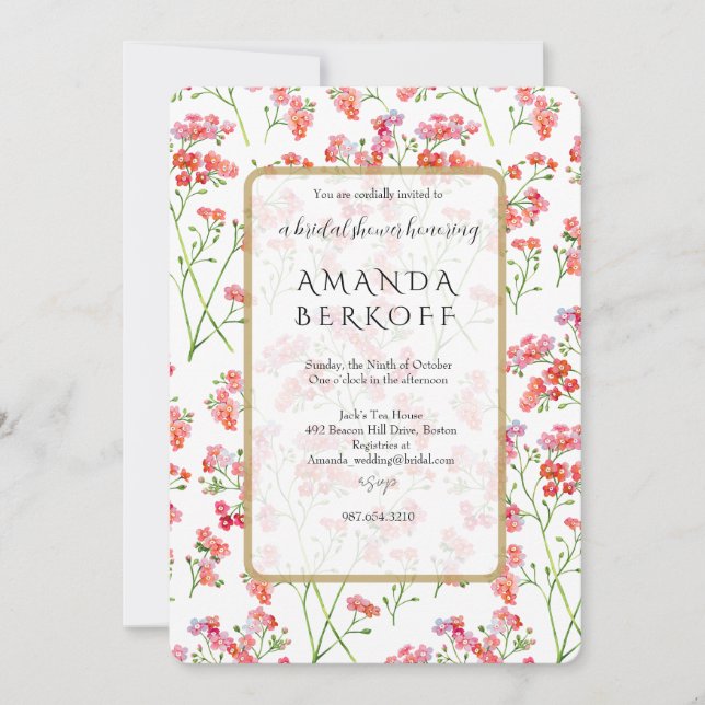 Convites Elegant Blue & Red Flowers Bridal Shower  (Frente)