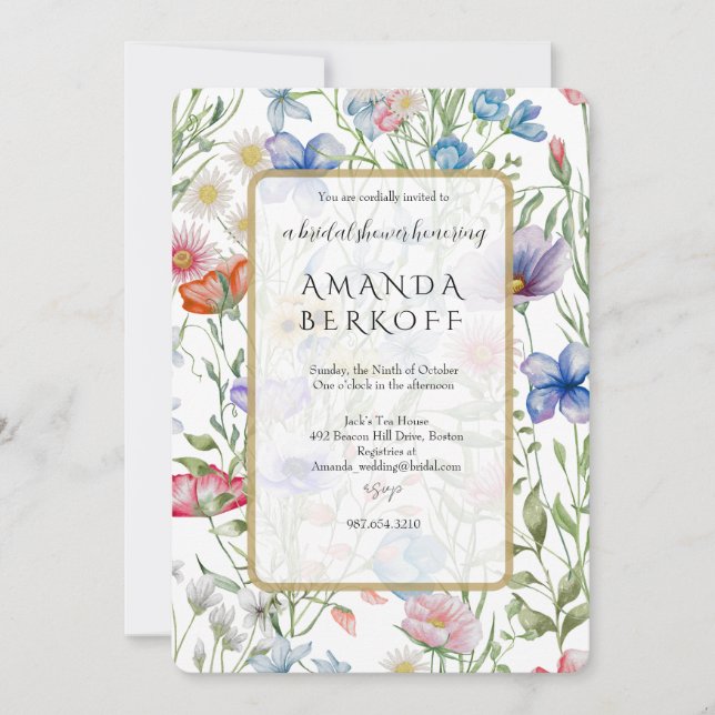 Convites Elegant Blue & Red Flowers Bridal Shower  (Frente)