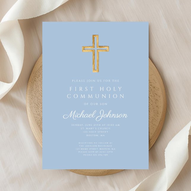 Convites Elegant Blue Religious Cross Boy First Communion (Elegant Blue Religious Cross Boy First Communion Invitation)