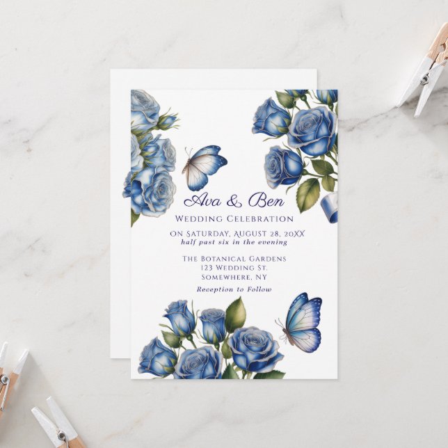 Convites Elegant Blue Roses Butterfly Silver Wedding (Frente/Verso In Situ)