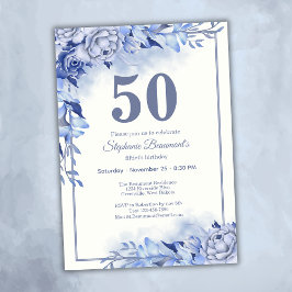 Convites Elegant Blue Roses Floral Women's 50th Birthday 