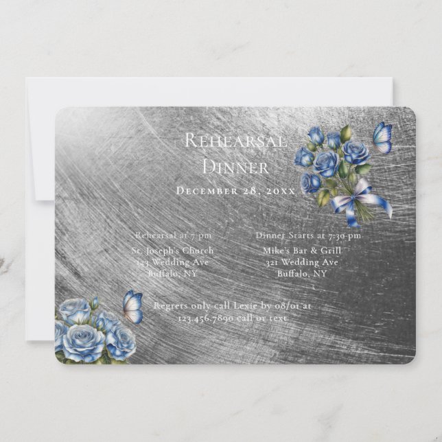 Convites Elegant Blue Roses Silver Rehearsal Dinner (Frente)