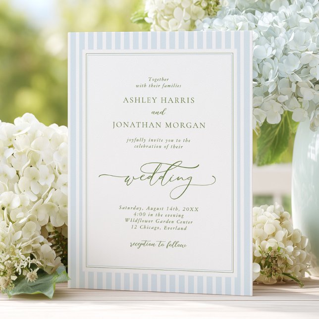 Convites Elegant Blue & Sage Striped Wedding Invitation (Criador carregado)