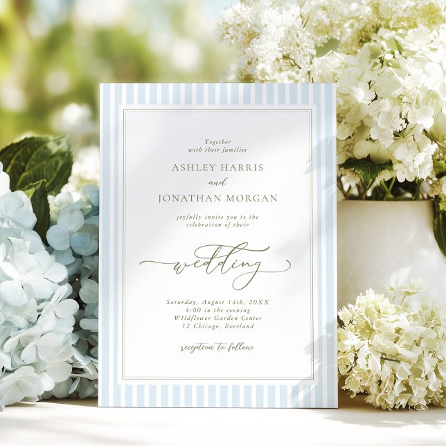 Convites Elegant Blue & Sage Striped Wedding Invitation (Criador carregado)