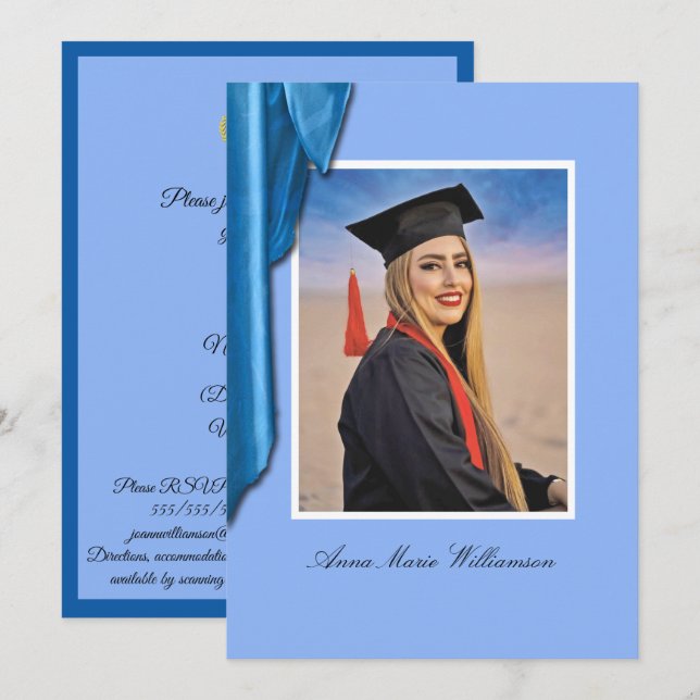 Convites Elegant Blue Satin Grad Party Invitation (Frente/Verso)