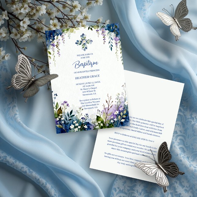 Convites Elegant Blue Shades Floral Frame Arch Baptisme (Elegant Digital Watercolor Blue Shades Floral Frame Arch Shape Baptism Invitation Cards. )