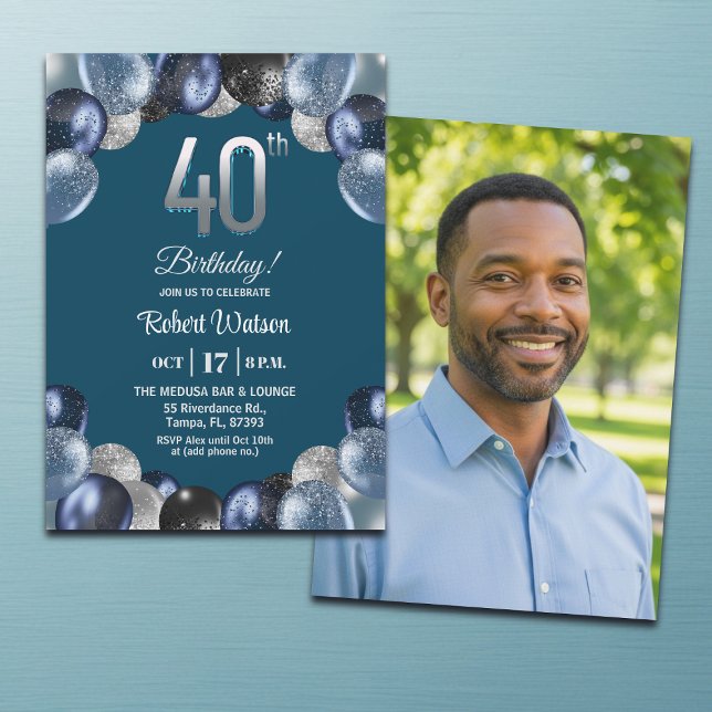 Convites Elegant Blue Silver Glitter 40th Birthday Photo (Criador carregado)