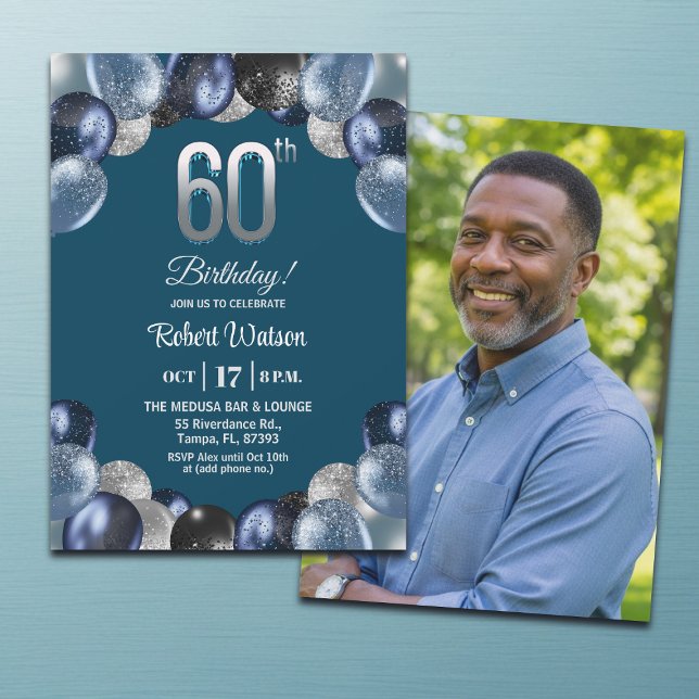 Convites Elegant Blue Silver Glitter 60th Birthday Photo (Criador carregado)