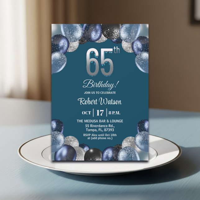 Convites Elegant Blue Silver Glitter 65th Birthday Party (Criador carregado)