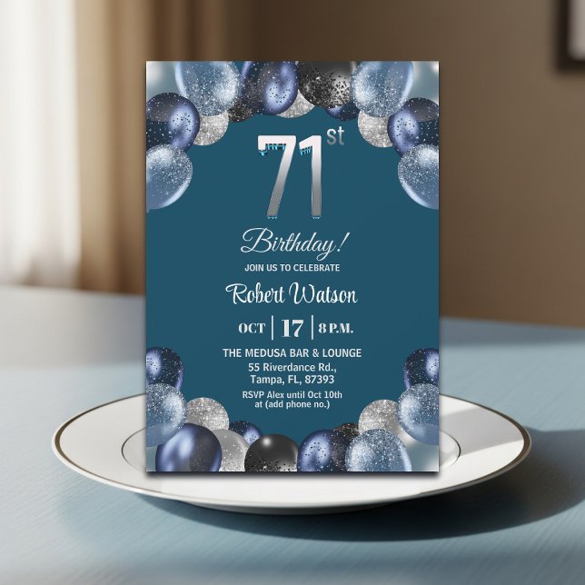 Convites Elegant Blue Silver Glitter 71st Birthday Party (Criador carregado)