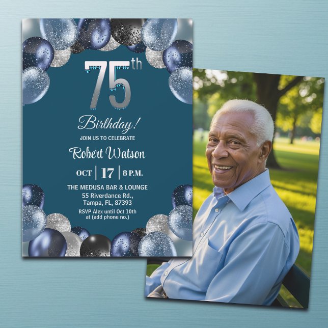 Convites Elegant Blue Silver Glitter 75th Birthday Photo (Criador carregado)